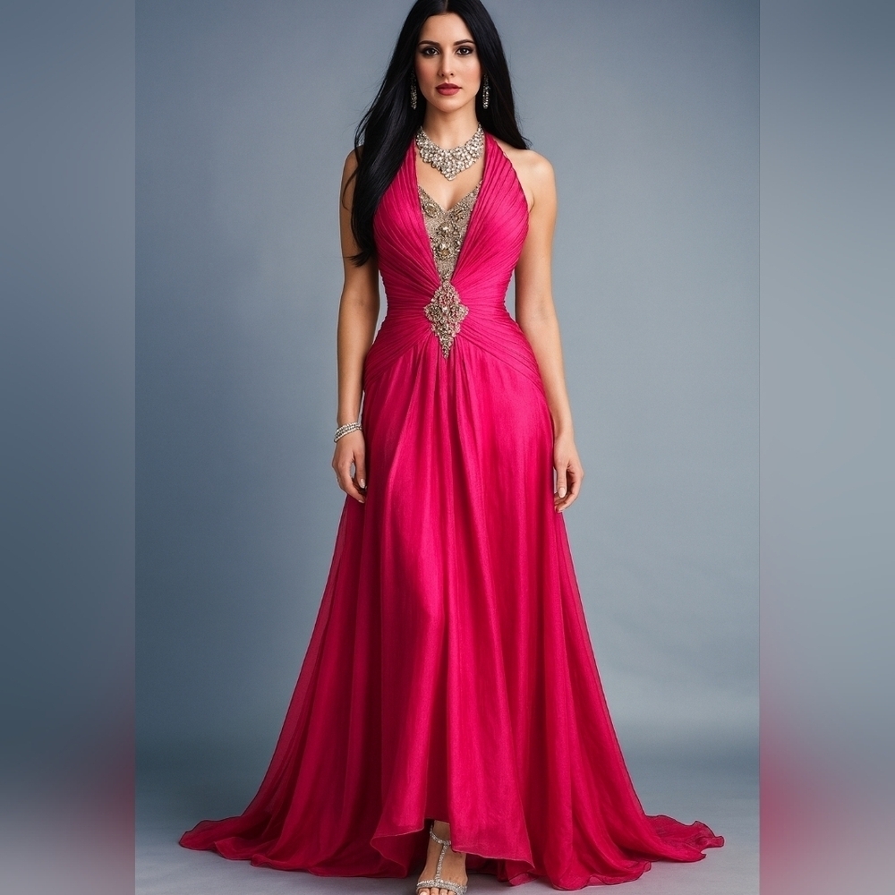 Elegant Pink Evening Gown. Beaded And Pleated Detail. Prom. Size 8